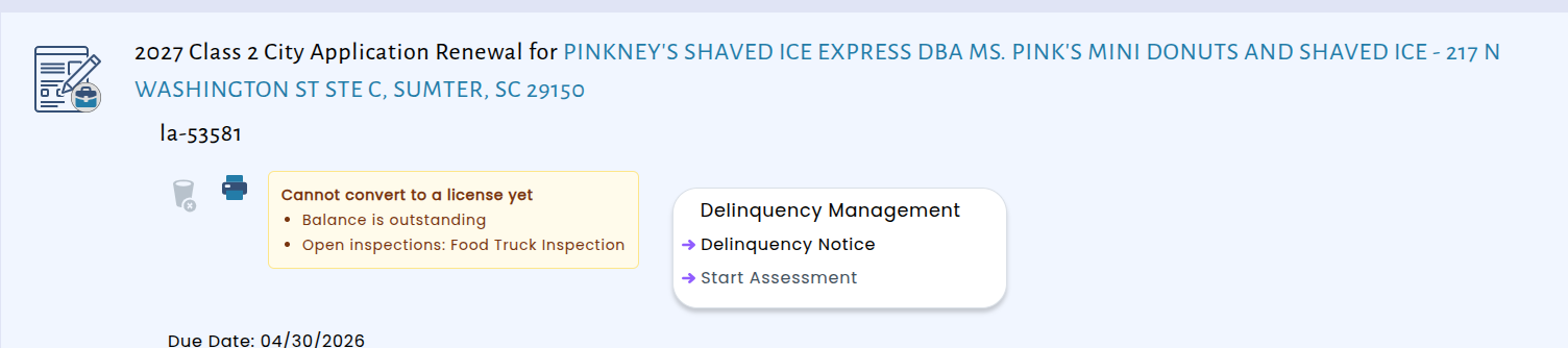 Business license application showing a "Cannot convert to a license yet" notice listing an outstanding balance and an open Food Truck Inspection