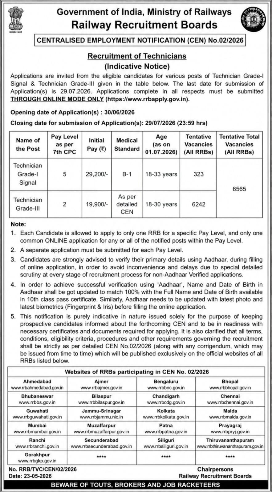 Railway RRB Technician Recruitment 2026 - GovtJobsNotice