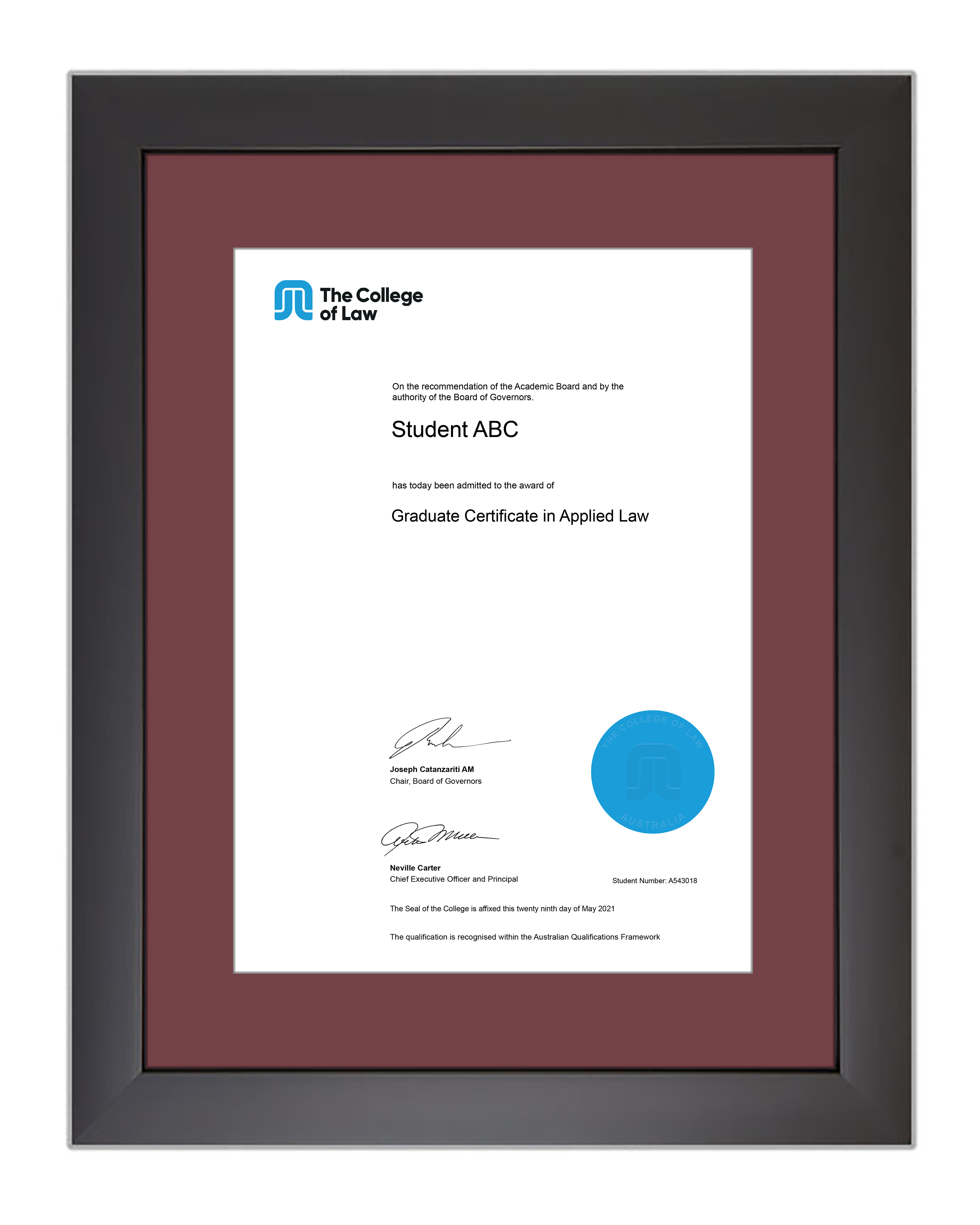 College of Law Certificate Frame