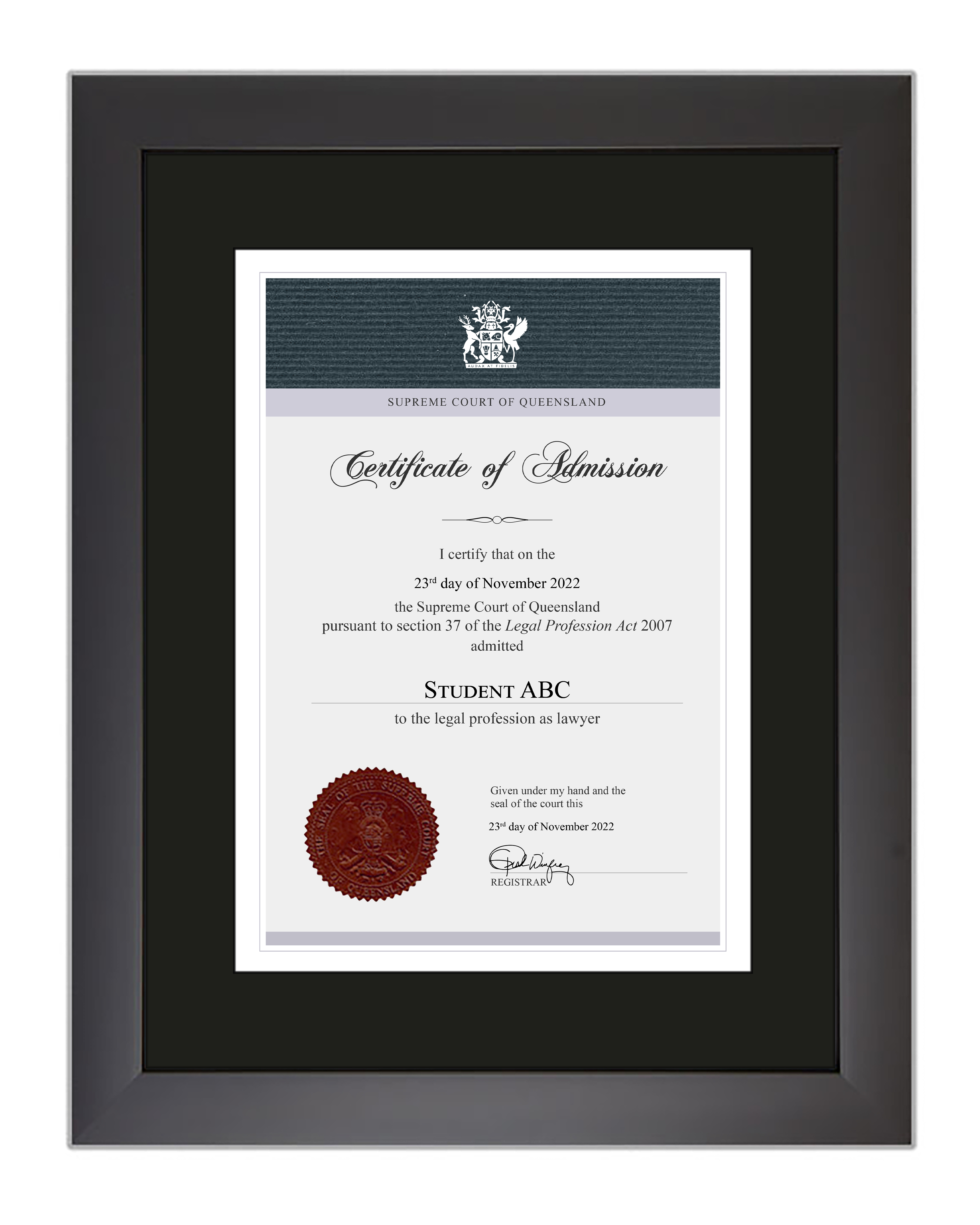 Supreme Court of QLD certificate frame Modern Black