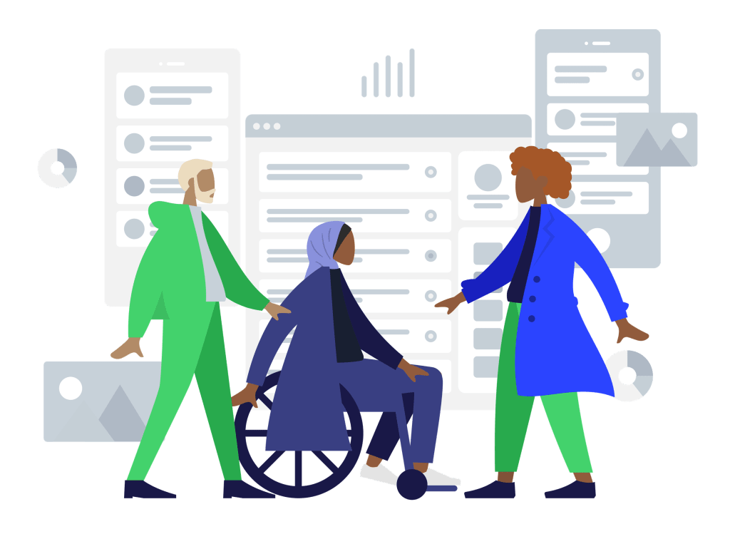 Cartoon depiction of three people in a meeting