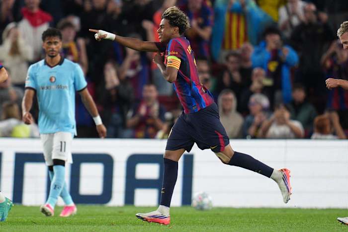 Yamal scores as Barcelona routs Feyenoord 5-1 in Champions League. Demirović nets hat trick