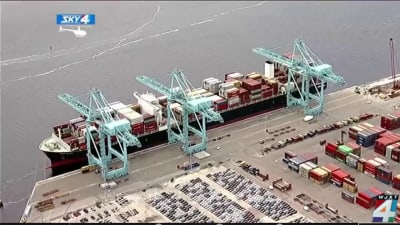 Pink container ship docks at JAXPORT