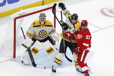 Jeremy Swayman of the Boston Bruins during practice for the 2023