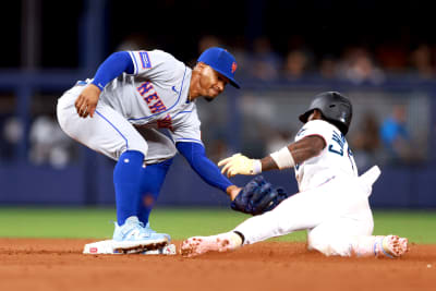 PHILADELPHIA, PA - APRIL 10: Cleats worn by Miami Marlins center fielder Jazz  Chisholm Jr. (2) are displayed during the game between the Miami Marlins  and the Philadelphia Phillies on April 10