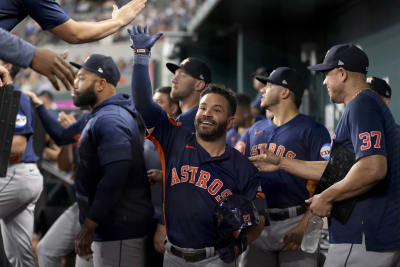 Awesome Artifacts Houston Astros Framber Valdez Justin Verlander, Alex Bregman, Yordan Alvarez, Jose Altuve, 2022 World Champs Game Model Jersey Signed by Awesome