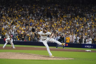 San Diego Padres' Trent Grisham reacts after hitting a home run during the  fourth inning in Game 3 of a baseball NL Division Series against the Los  Angeles Dodgers, Friday, Oct. 14