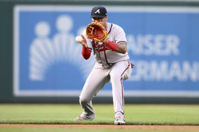 Orlando Arcia of the Atlanta Braves laughs during the Gatorade