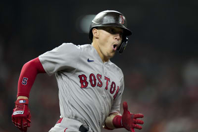 Houston, USA. 15th Oct, 2021. Houston Astros first baseman Yuli Gurriel  gestures after hitting a single in the 2nd inning in game one of the MLB  ALCS against the Boston Red Sox