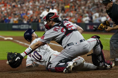 Houston, USA. 15th Oct, 2021. Houston Astros first baseman Yuli Gurriel  gestures after hitting a single in the 2nd inning in game one of the MLB  ALCS against the Boston Red Sox