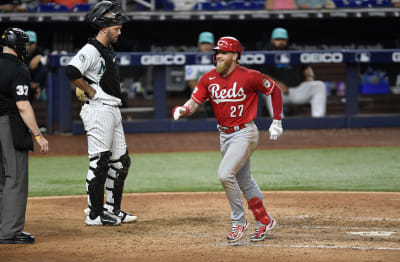 Miami Marlins' Peyton Burdick (6) celebrates his home run with