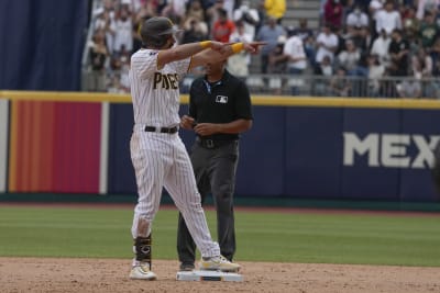 Rougned Odor of the San Diego Padres celebrates hitting a double