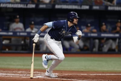 Wander Franco of the Tampa Bay Rays hits a foul in the third