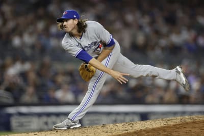 TORONTO, ON - SEPTEMBER 30: Toronto Blue Jays Infield Santiago Espinal (5)  pitches the ball inbetween innings during the New York Yankees versus the  Toronto Blue Jays game on September 30, 2021