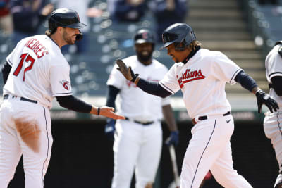 CLEVELAND, OH - APRIL 21: Cleveland Guardians right fielder Franmil Reyes  (32) bats during an MLB game against the Chicago White Sox on April 21,  2022 at Progressive Field in Cleveland, Ohio. (