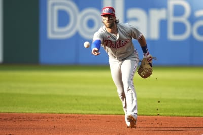 Bryce Harper makes 1st career start at first base, jumps into