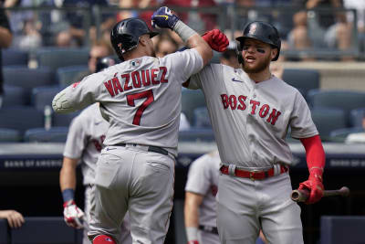 Boston Red Sox players, from left, Christian Vazquez, Xander