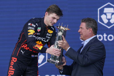 The race winners trophies of Max Verstappen of Netherlands and Red