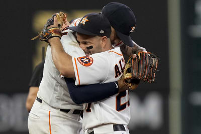 Houston, USA. 15th Oct, 2021. Houston Astros first baseman Yuli Gurriel  gestures after hitting a single in the 2nd inning in game one of the MLB  ALCS against the Boston Red Sox