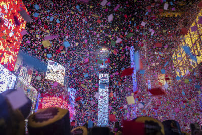 2023 NYE Celebration Times Square Spectators wear Planet Fitness party hats  during the 2023 New