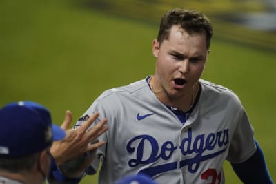 Joc Pederson of the Los Angeles Dodgers warms up before the game