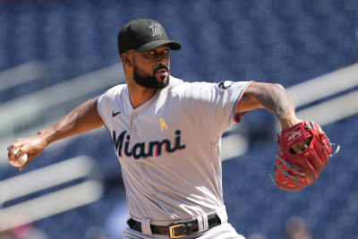 Sandy Alcantara of the Miami Marlins reacts after the seventh inning  News Photo - Getty Images