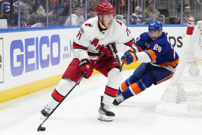 April 14, 2019: New York Islanders center Mathew Barzal (13) skates the  puck during the third period of play in the NHL Hockey playoffs game 3,  round 1 between the New York