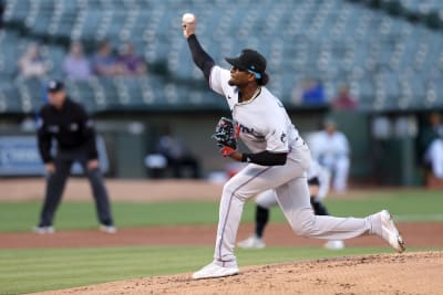 Edward Cabrera of the Miami Marlins stands on the mound in the