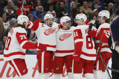 Detroit Red Wings' Lucas Raymond celebrates after scoring a goal during the  first period of the team's NHL hockey game against the Philadelphia Flyers,  Wednesday, Feb. 9, 2022, in Philadelphia. (AP Photo/Derik