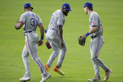 Texas Rangers' Leody Taveras runs up the first base line against the  Houston Astros during the fifth inning of a baseball game Sunday, April 16,  2023, in Houston. (AP Photo/David J. Phillip