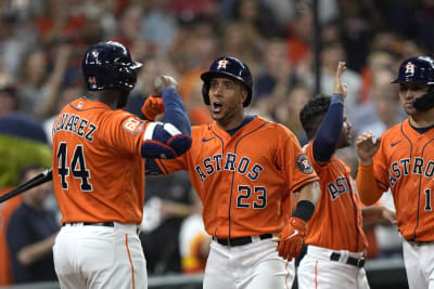 Houston Astros' Aledmys Diaz celebrates his solo home run with