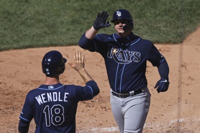 Tampa Bay Rays' Mike Zunino heads to first after being hit by a