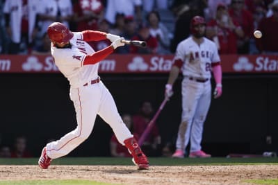 Los Angeles Angels' Anthony Rendon (6) runs to first base during a