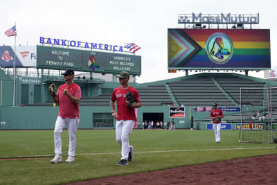 People hold a pride themed Toronto Blue Jays flag to celebrate Pride Weekend  before the Blue Jays play the Minnesota Twins in baseball game in Toronto  on Friday, June 9, 2023. (Mark