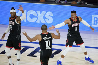 Basketball Forever - Rockets with the SMALLEST starting 5 in the NBA! PG - Russell  Westbrook 6'3” SG - James Harden 6'5” SF - Eric Gordon 6'2½” PF - Robert  Covington 6'7”