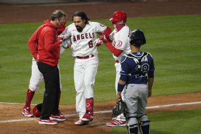 Los Angeles Angels' Anthony Rendon (6) runs to first base during a