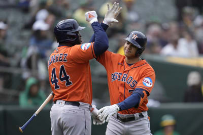 Alvarez hits 2 of Astros' 7 HRs in 10-1 win over A's, who fall to 10-45