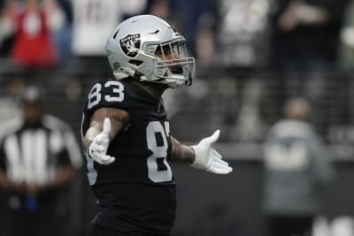 Defensive end Chandler Jones of the Las Vegas Raiders talks to fans before  an NFL game against the New England Patriots in December 2022, National