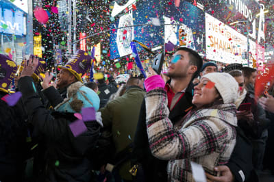 2023 NYE Celebration Times Square Spectators wear Planet Fitness party hats  during the 2023 New