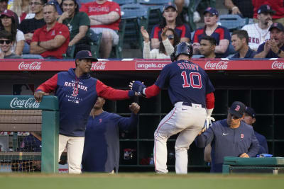 Boston Red Sox's Bobby Dalbec celebrates with Enrique Hernandez