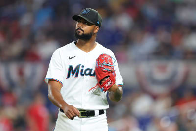 Sandy Alcantara of the Miami Marlins reacts after the seventh inning  News Photo - Getty Images