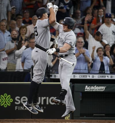 New York Yankees batter Aaron Judge celebrates in front of Houston