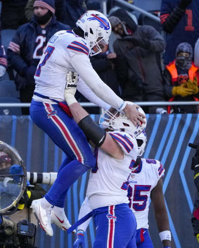 Buffalo Bills tackle Spencer Brown (79) walks off the field following a win  in an NFL