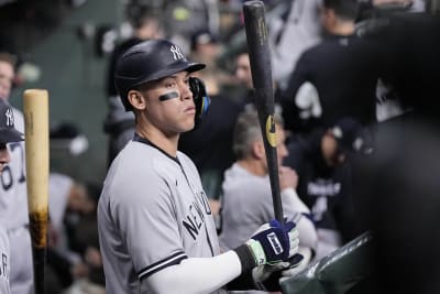 FILE - New York Yankees right fielder Aaron Judge (99) stands on