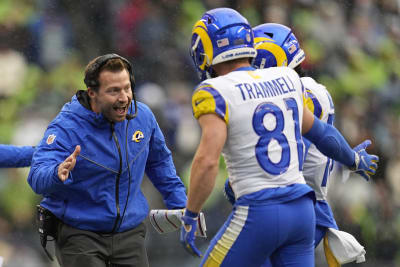 Los Angeles Rams head coach Sean McVay hands the NFC Championship trophy to  Rams quarterback Jared Goff (16) after beating the New Orleans Saints in  overtime at the Mercedes-Benz Superdome in New