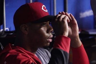 LOS ANGELES, CA - APRIL 17: The Cincinnati Reds logo on a jersey during a  MLB game between the Cincinnati Reds and the Los Angeles Dodgers on April  17, 2019 at Dodger