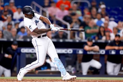 Jorge Soler of the Miami Marlins at bat against the New York Mets in  2023