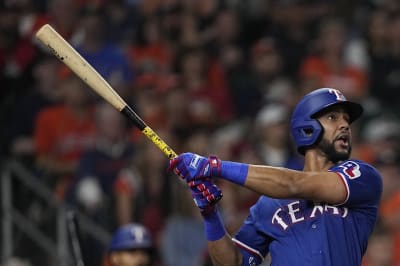 Texas Rangers' Leody Taveras runs up the first base line against the  Houston Astros during the fifth inning of a baseball game Sunday, April 16,  2023, in Houston. (AP Photo/David J. Phillip