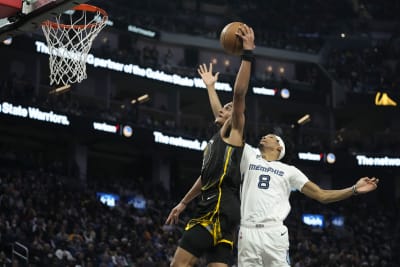 The shoes of Golden State Warriors shooting guard Jordan Poole (3) during  the third quarter against the Oklahoma City Thunder at Chase Center.