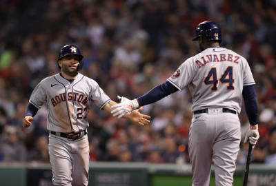 Houston, USA. 23rd Oct, 2021. Members of the Houston Astros celebrate after  beating the Boston Red Sox 5-0 to win the MLB American League Championship  Series at Minute Maid Park in Houston